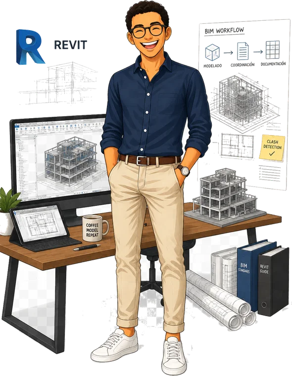 Ilustración de Juan como Modelador BIM / Dibujante CAD